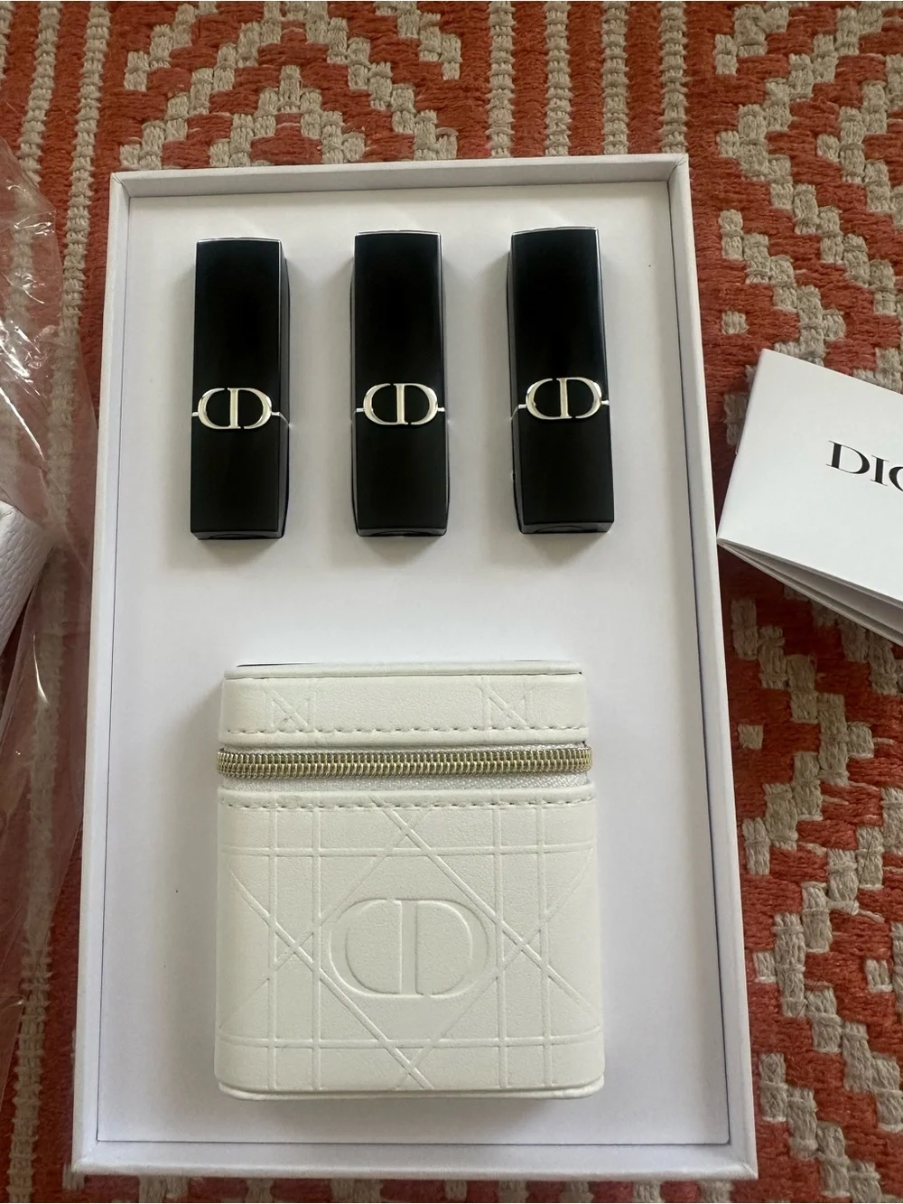 Dior White Embossed Leather Cosmetic Case with Black Lipstick Trio